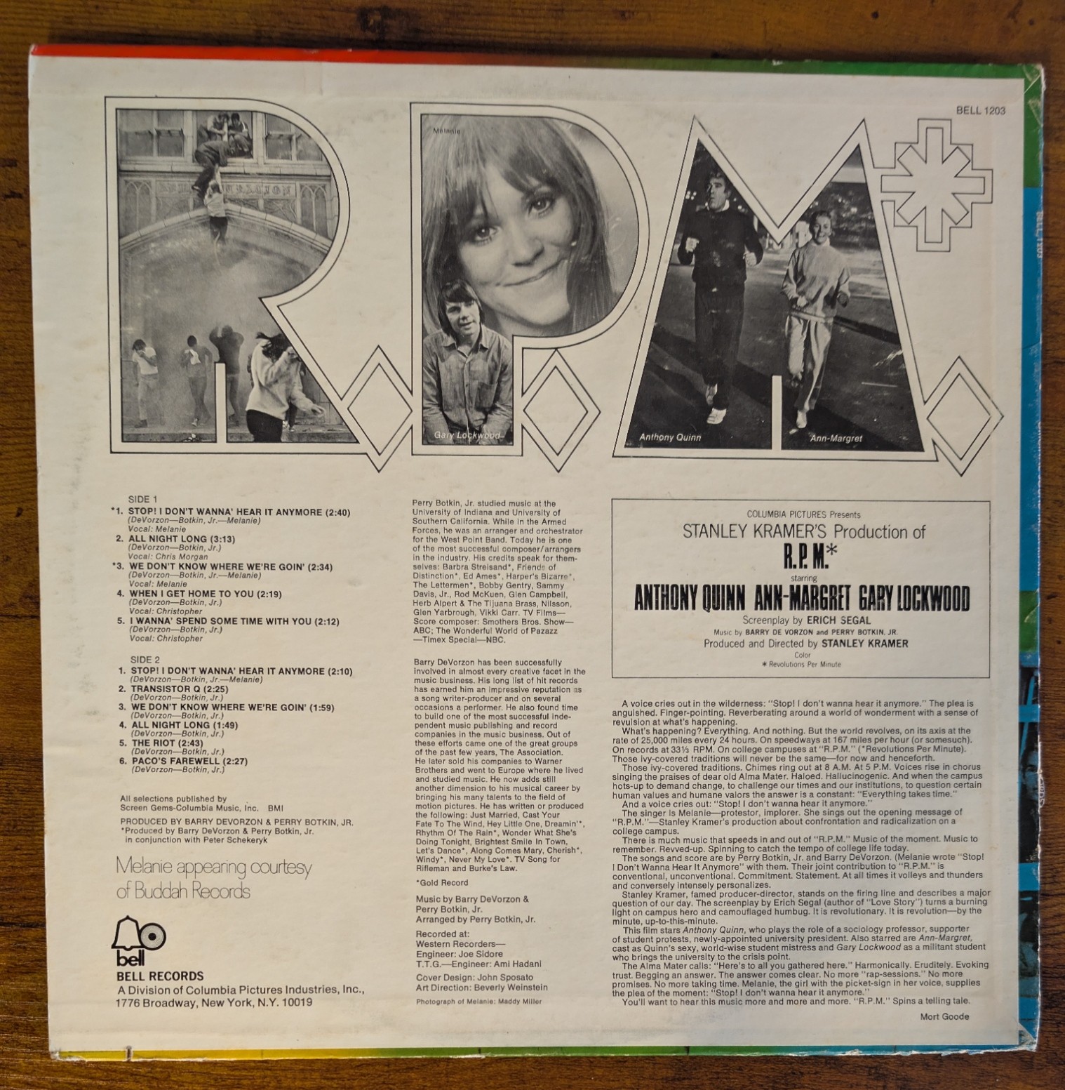 Image 2 of Barry De Vorzon & Perry Botkin Jr. & Melanie - R.P.M.* (*Revolutions Per Minute) (Soundtrack From The Motion Picture) (Bell Records, BELL 1203) · LP · Monarch Pressing VG+/VG+